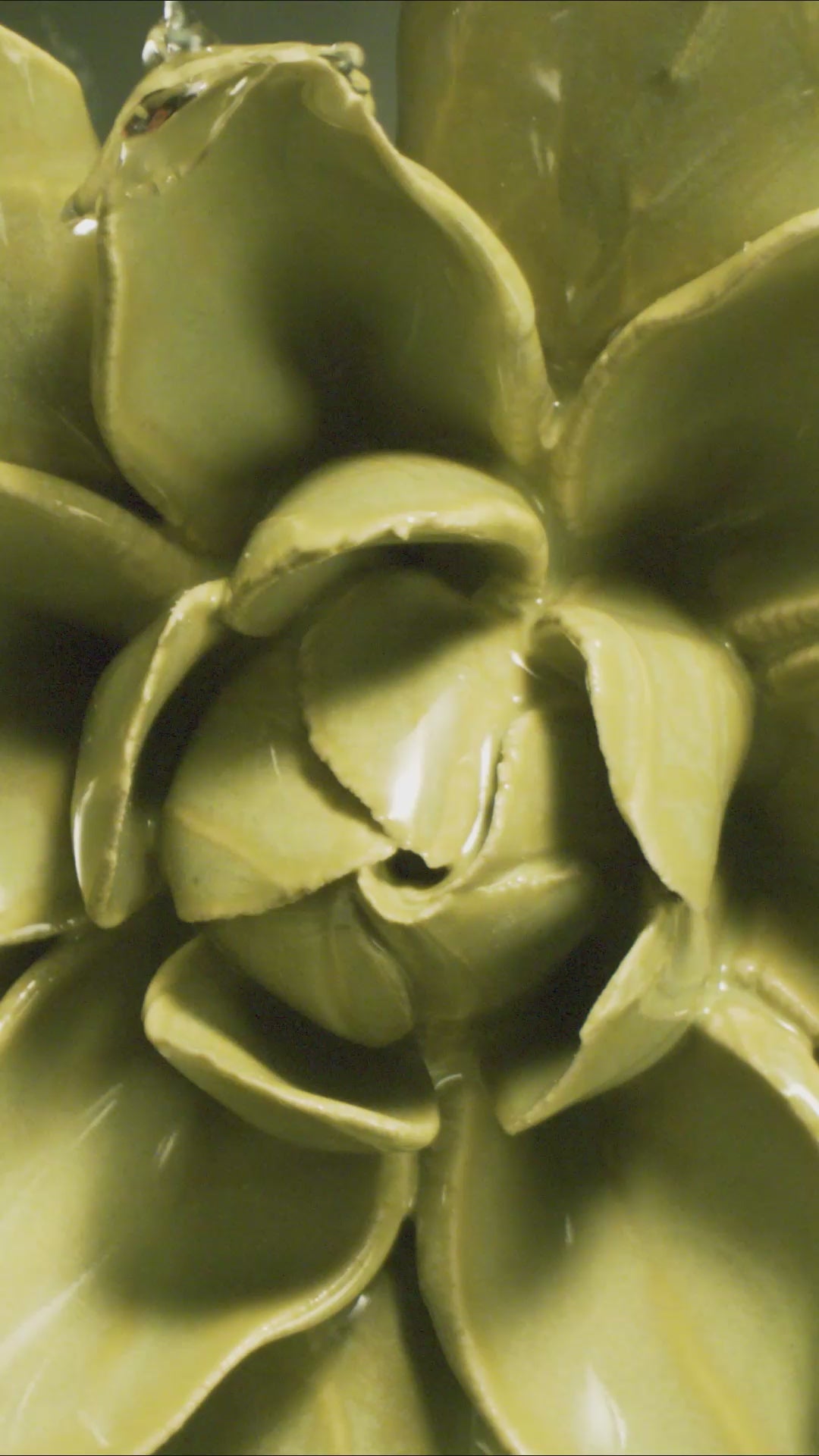 Chartreuse columbine ceramic wall flower with water cascading over ceramic petals captured in slow motion — English Garden Collection — Chive Studio