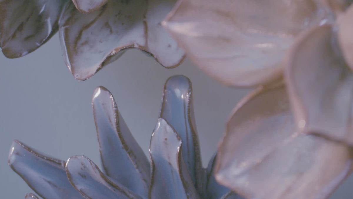 Top-down pan scrolling across ceramic flowers — flower wall decor by Chive Studio