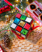 Rubik's Cube ornament styled on a decorated Christmas tree