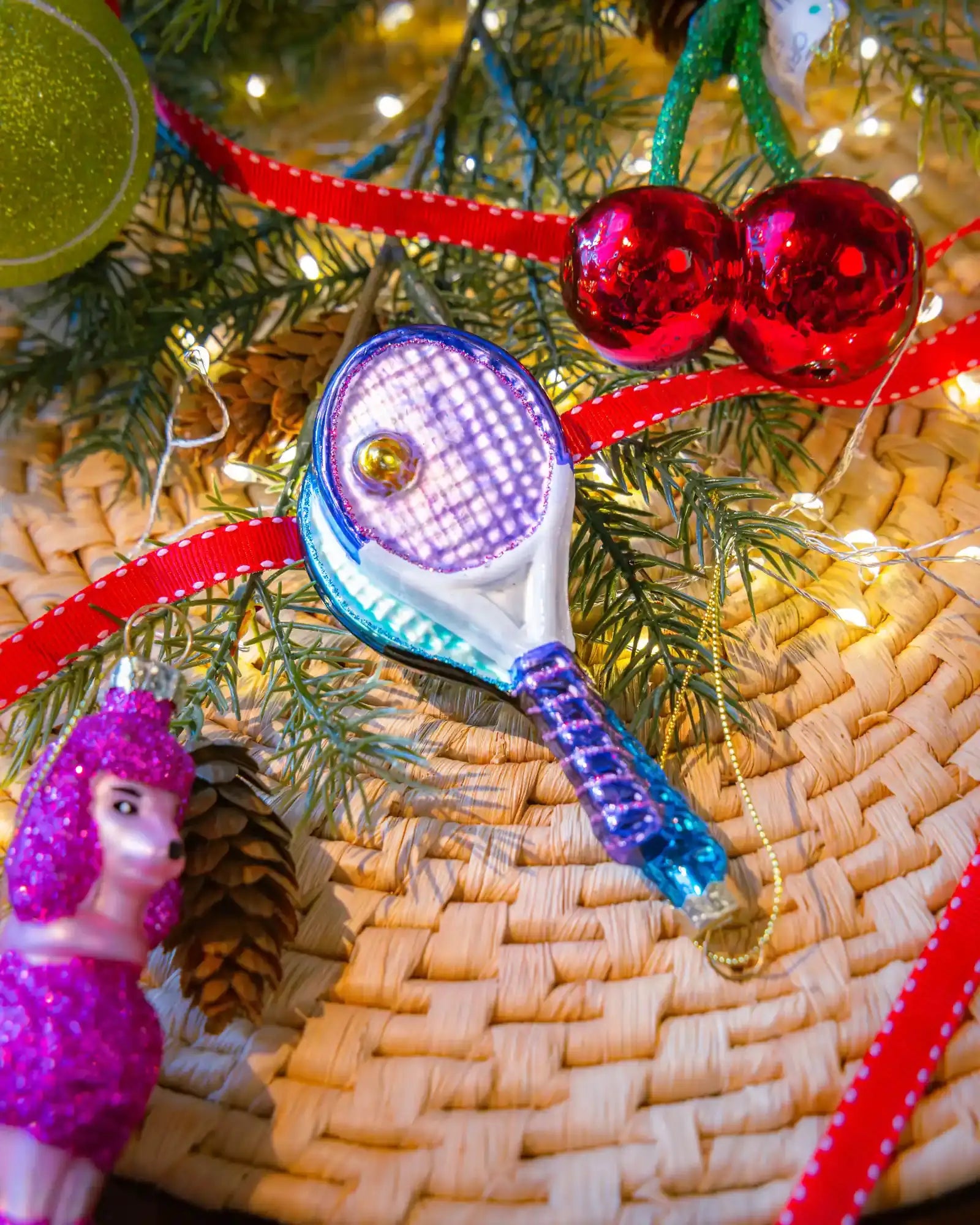 Tennis Racket ornament styled on a decorated Christmas tree