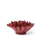 A sculptural, dahlia-shaped bowl or planter made from layered, petal-like reddish-brown material, shown on a clean white background with a soft shadow.