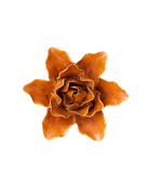 An orange-brown ceramic flower-shaped object, resembling a stylized rose or dahlia, centered on a plain white background.
