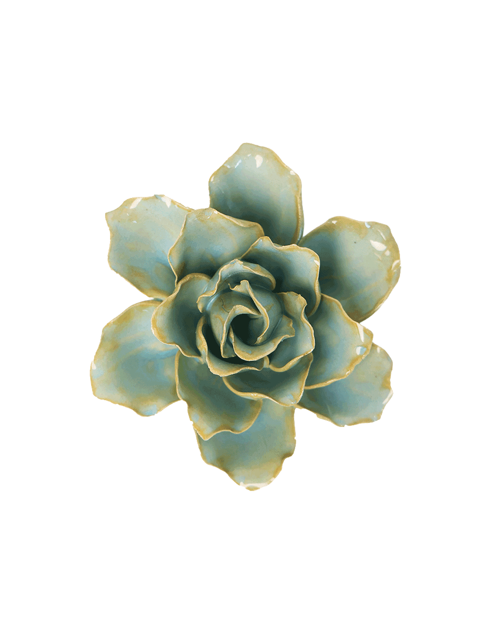 A ceramic succulent flower figurine with a glossy light blue-green glaze and gold-toned edging, isolated on a white background.