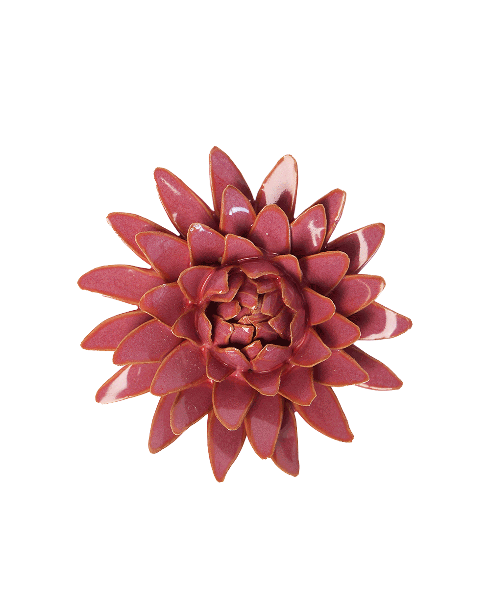 A ceramic succulent flower figurine in a deep burgundy red glaze, isolated on a solid white background.