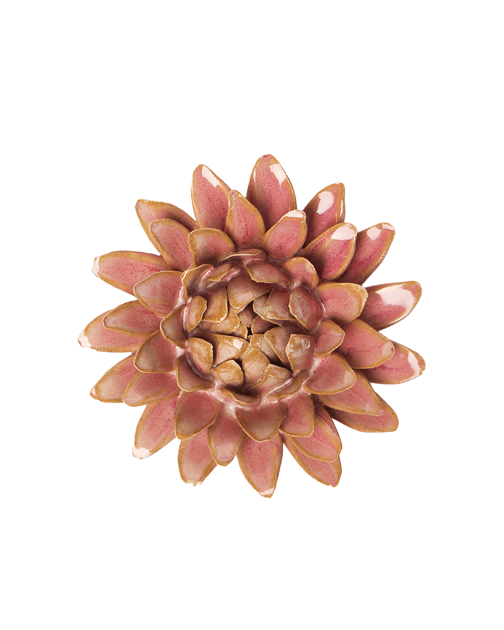 A single artificial flower head with layered petals in dusty pink, mauve, and tan tones, isolated on a plain white background.