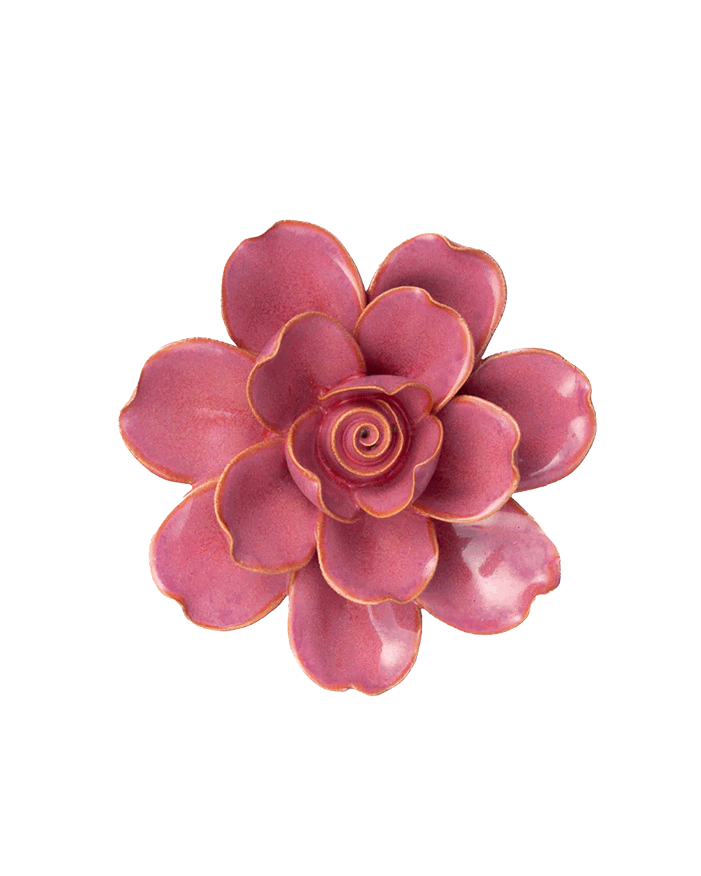 A single artificial-looking flower with layered petals in a dusty rose pink color, outlined with a thin metallic gold edge, isolated on a solid black background.