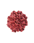 A single artificial flower with ruffled petals in a deep burgundy red color, isolated on a solid white background.